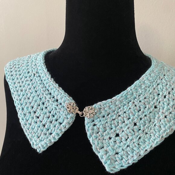 Handmade Crochet Blue Grey Bamboo Rayon Cotton Collar Neckwear Accessory - Picture 2 of 6